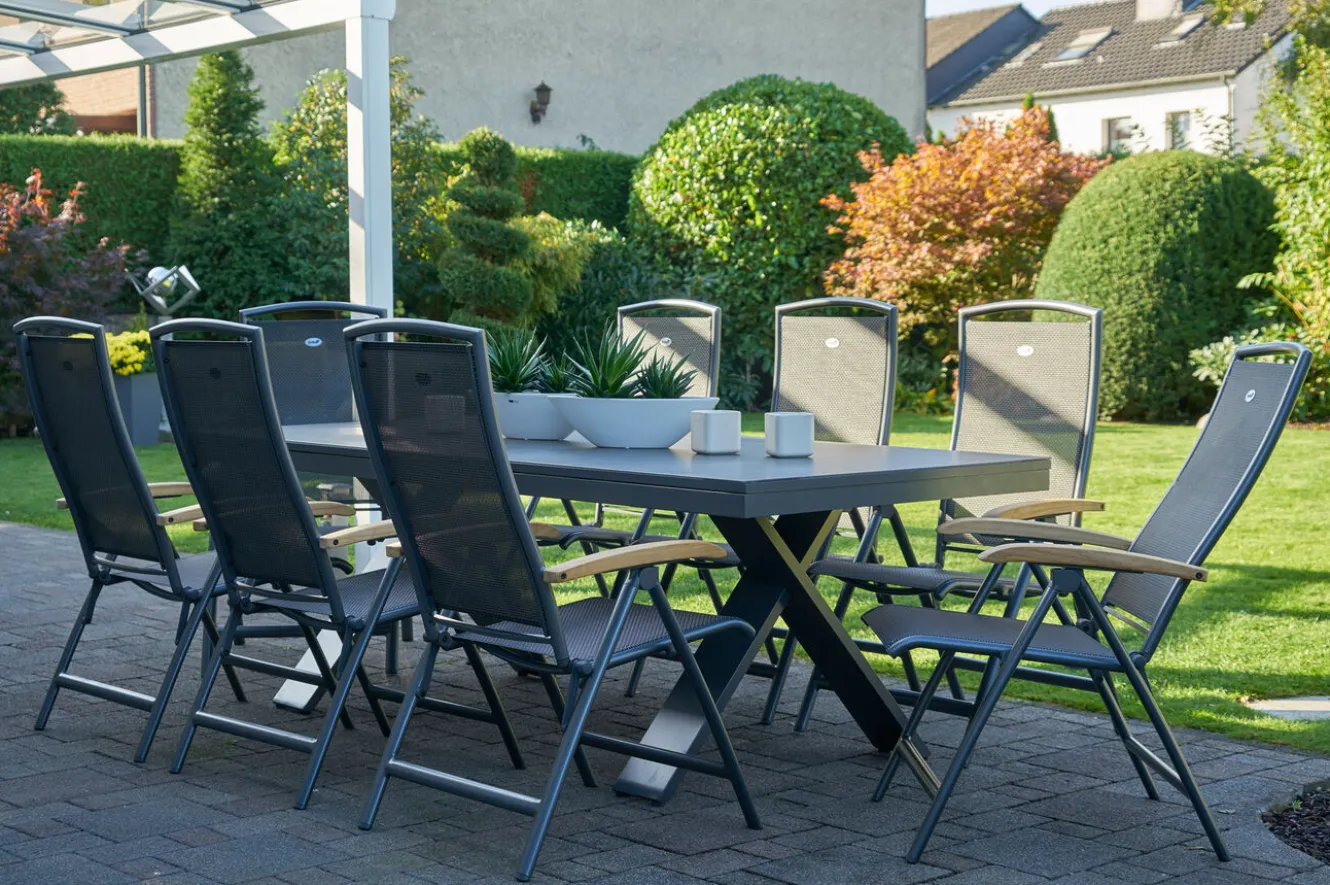 HARTMAN Sondermodell Xanadu / Raffaelo Garten-Essgruppe, xerix/anthrazit, Alu/Glaskeramik, 8 Klappstühle, 220/280x100cm