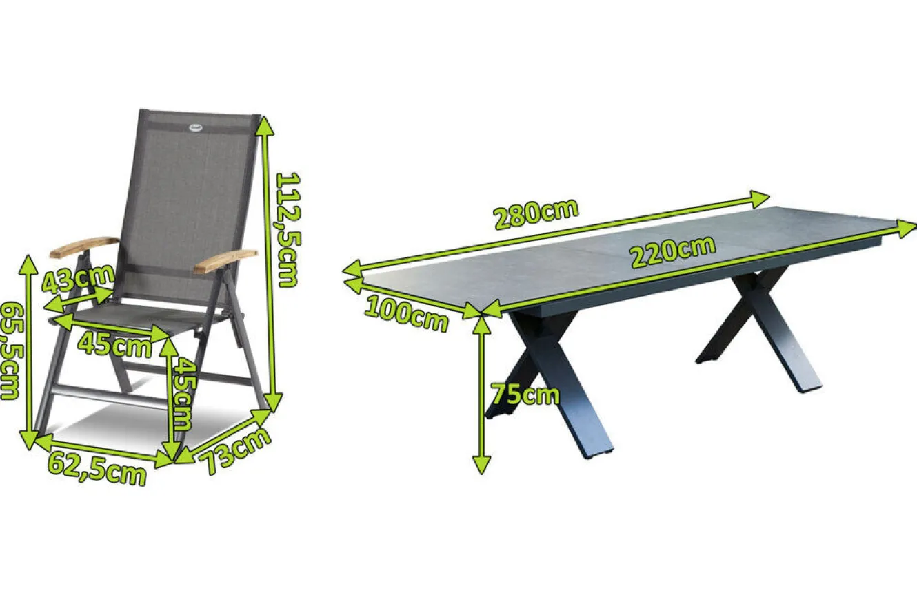 HARTMAN Sondermodell Xanadu / Aruba Garten-Essgruppe, xerix/anthrazit, Alu/Glaskeramik, 10 Klappstühle, 220/280x100cm
