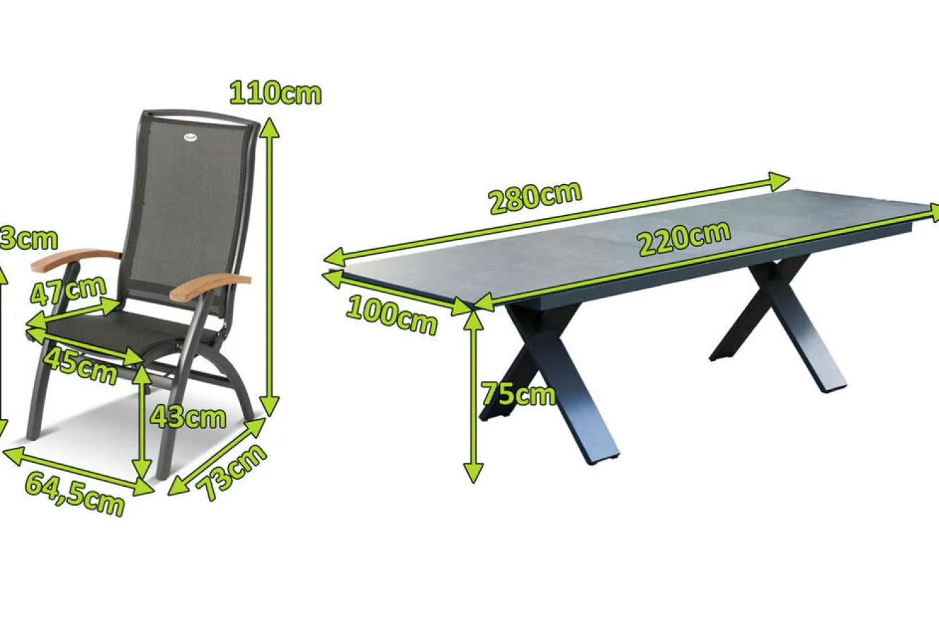 HARTMAN Sondermodell Xanadu / Da Vinci Garten-Essgruppe, xerix/anthrazit, Alu/Glaskeramik, 10 Klappstühle, 220/280x100cm