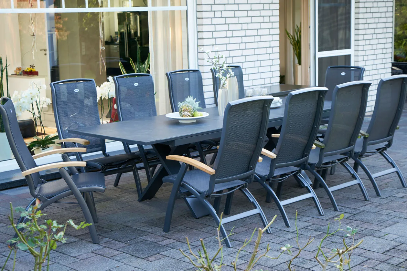HARTMAN Sondermodell Xanadu / Da Vinci Garten-Essgruppe, xerix/anthrazit, Alu/Glaskeramik, 10 Klappstühle, 220/280x100cm
