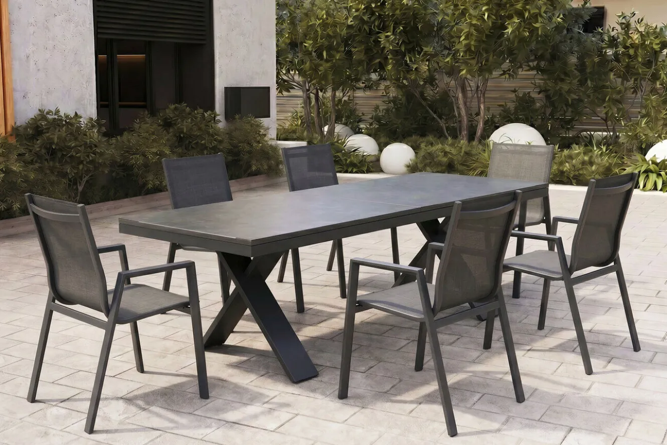 HARTMAN Sondermodell Xanadu / Aruba Garten-Essgruppe, xerix/anthrazit, Alu/Glaskeramik, 6 Stapelsessel, 220/280x100cm