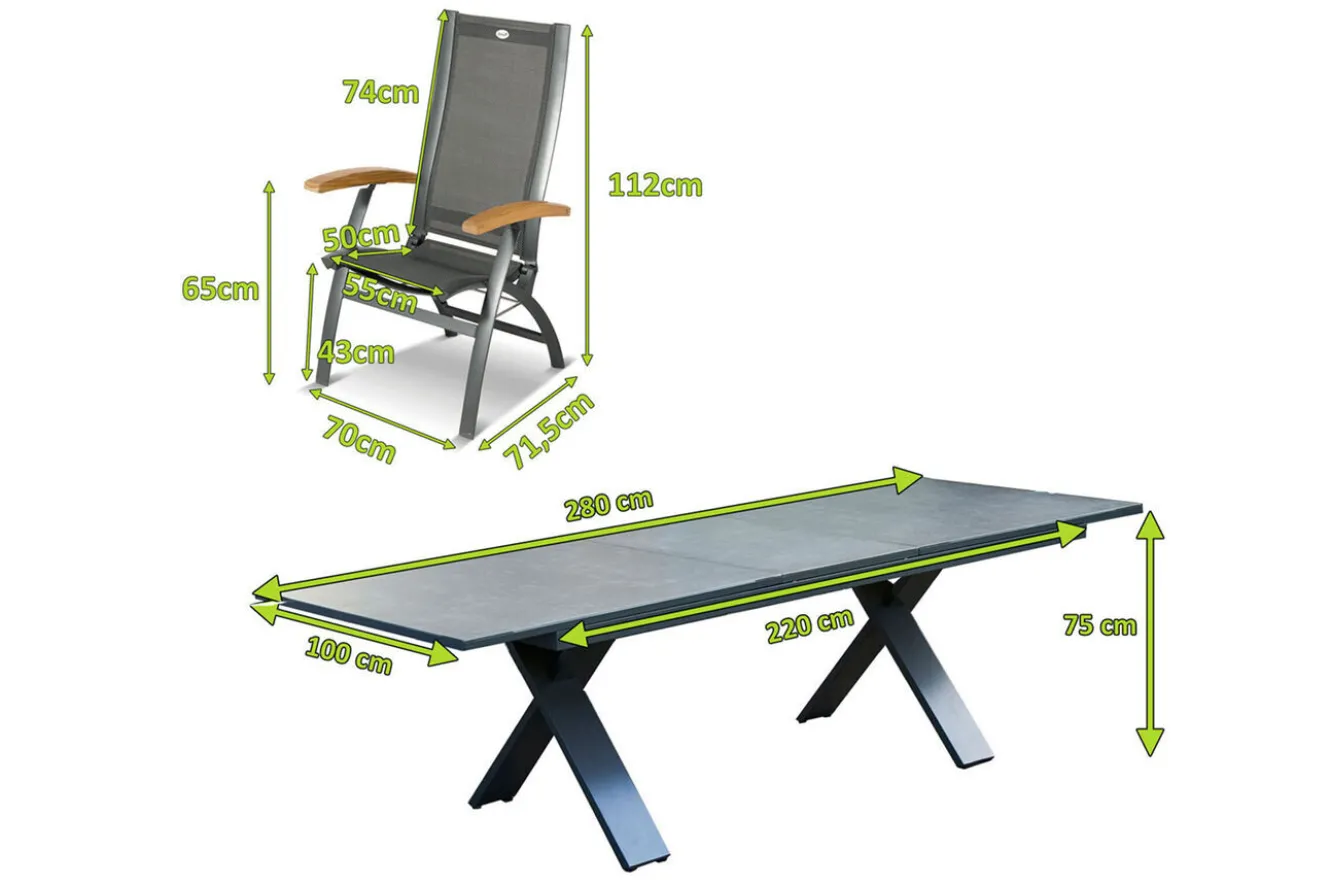 HARTMAN Sondermodell Xanadu / Primo Garten-Essgruppe, xerix/natur, Alu/Teak/Glaskeramik, 6 Klappstühle, 220/280x100cm, X-Gestell, Teak Armlehnen