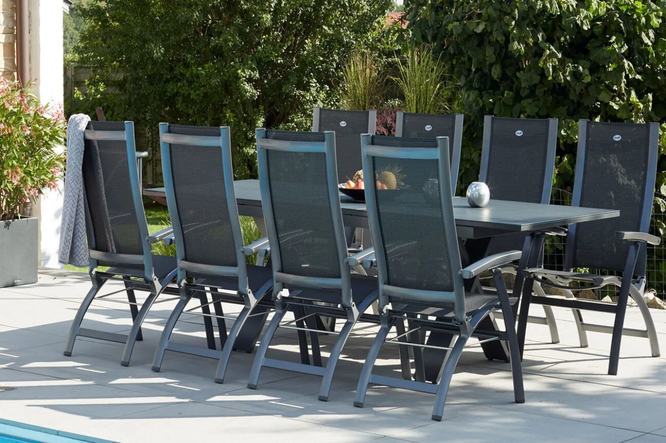 HARTMAN Sondermodell Xanadu / Primo Garten-Essgruppe, xerix/natur, Alu/Teak/Glaskeramik, 6 Klappstühle, 220/280x100cm, X-Gestell, Teak Armlehnen