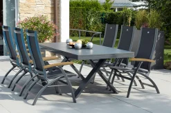 HARTMAN Sondermodell Xanadu / Primo Garten-Essgruppe, xerix/natur, Alu/Teak/Glaskeramik, 6 Klappstühle, 220/280x100cm, X-Gestell, Teak Armlehnen