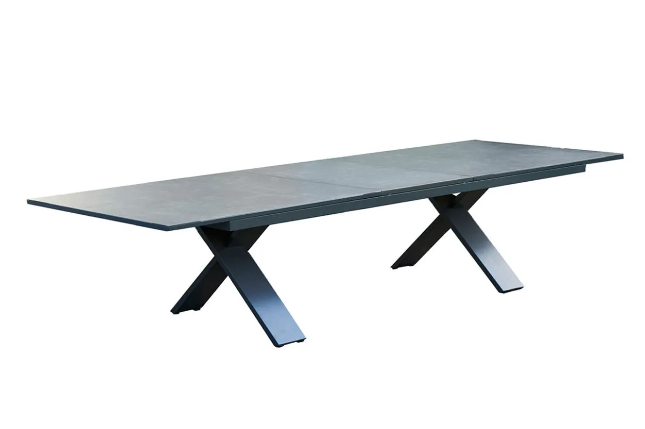 HARTMAN Sondermodell Xanadu / Primo Garten-Essgruppe, xerix/natur, Alu/Teak/Glaskeramik, 6 Klappstühle, 220/280x100cm, X-Gestell, Teak Armlehnen