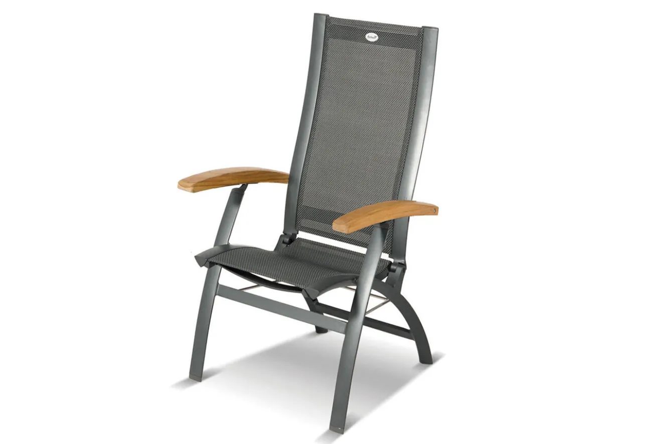 HARTMAN Sondermodell Xanadu / Primo Garten-Essgruppe, xerix/natur, Alu/Teak/Glaskeramik, 6 Klappstühle, 220/280x100cm, X-Gestell, Teak Armlehnen
