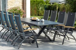 HARTMAN Sondermodell Xanadu / Primo Garten-Essgruppe, xerix/natur, Alu/Teak/Glaskeramik, 8 Klappstühle, 220/280x100cm, X-Gestell, Teak Armlehnen