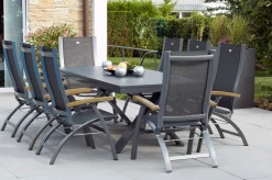 HARTMAN Sondermodell Xanadu / Primo Garten-Essgruppe, xerix/natur, Alu/Teak/Glaskeramik, 8 Klappstühle, 220/280x100cm, X-Gestell, Teak Armlehnen