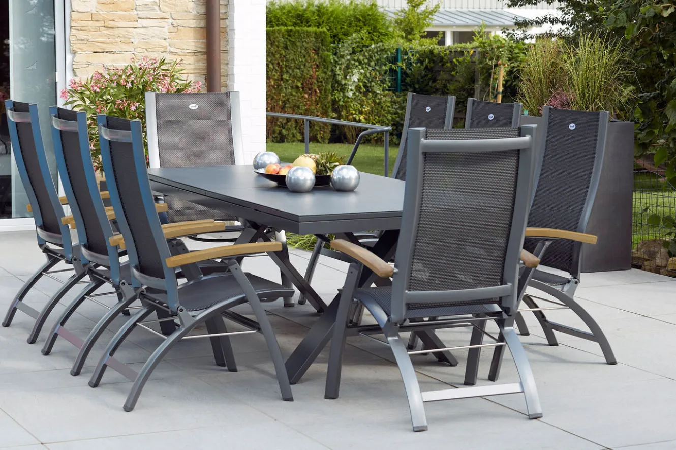 HARTMAN Sondermodell Xanadu / Primo Garten-Essgruppe, xerix/natur, Alu/Teak/Glaskeramik, 8 Klappstühle, 220/280x100cm, X-Gestell, Teak Armlehnen