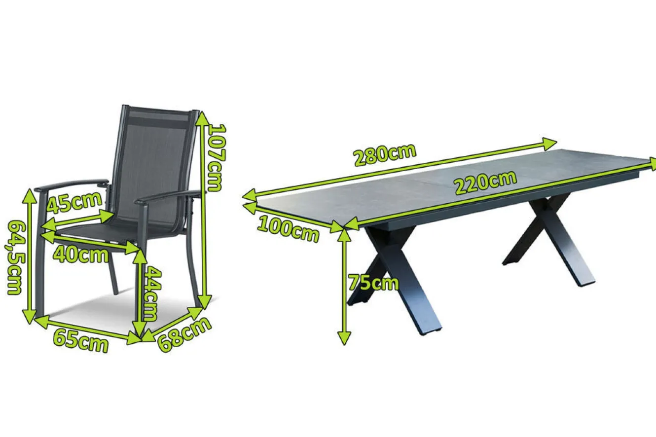 HARTMAN Sondermodell Xanadu / Alice Comfort Set, xerix/anthrazit, Alu/Glaskeramik, 6 Stapelsessel, 220/280x100cm