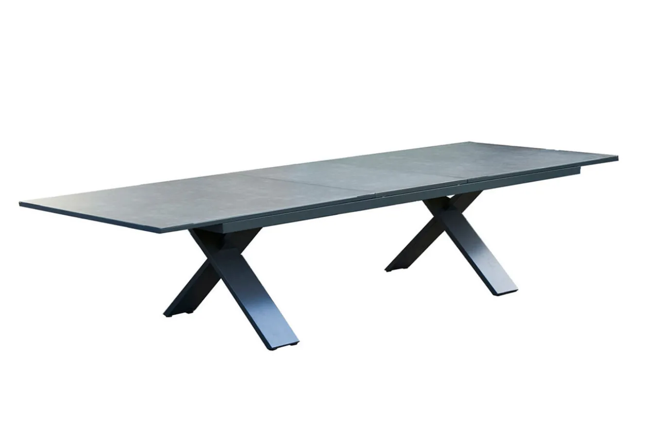 HARTMAN Sondermodell Xanadu / Primo Garten-Essgruppe, xerix/natur, Alu/Teak/Glaskeramik, 10 Klappstühle, 220/280x100cm, X-Gestell, Teak Armlehnen