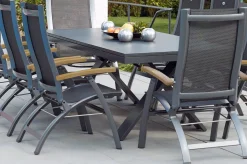 HARTMAN Sondermodell Xanadu / Primo Garten-Essgruppe, xerix/natur, Alu/Teak/Glaskeramik, 10 Klappstühle, 220/280x100cm, X-Gestell, Teak Armlehnen