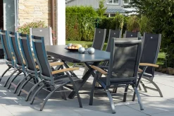 HARTMAN Sondermodell Xanadu / Primo Garten-Essgruppe, xerix/natur, Alu/Teak/Glaskeramik, 10 Klappstühle, 220/280x100cm, X-Gestell, Teak Armlehnen