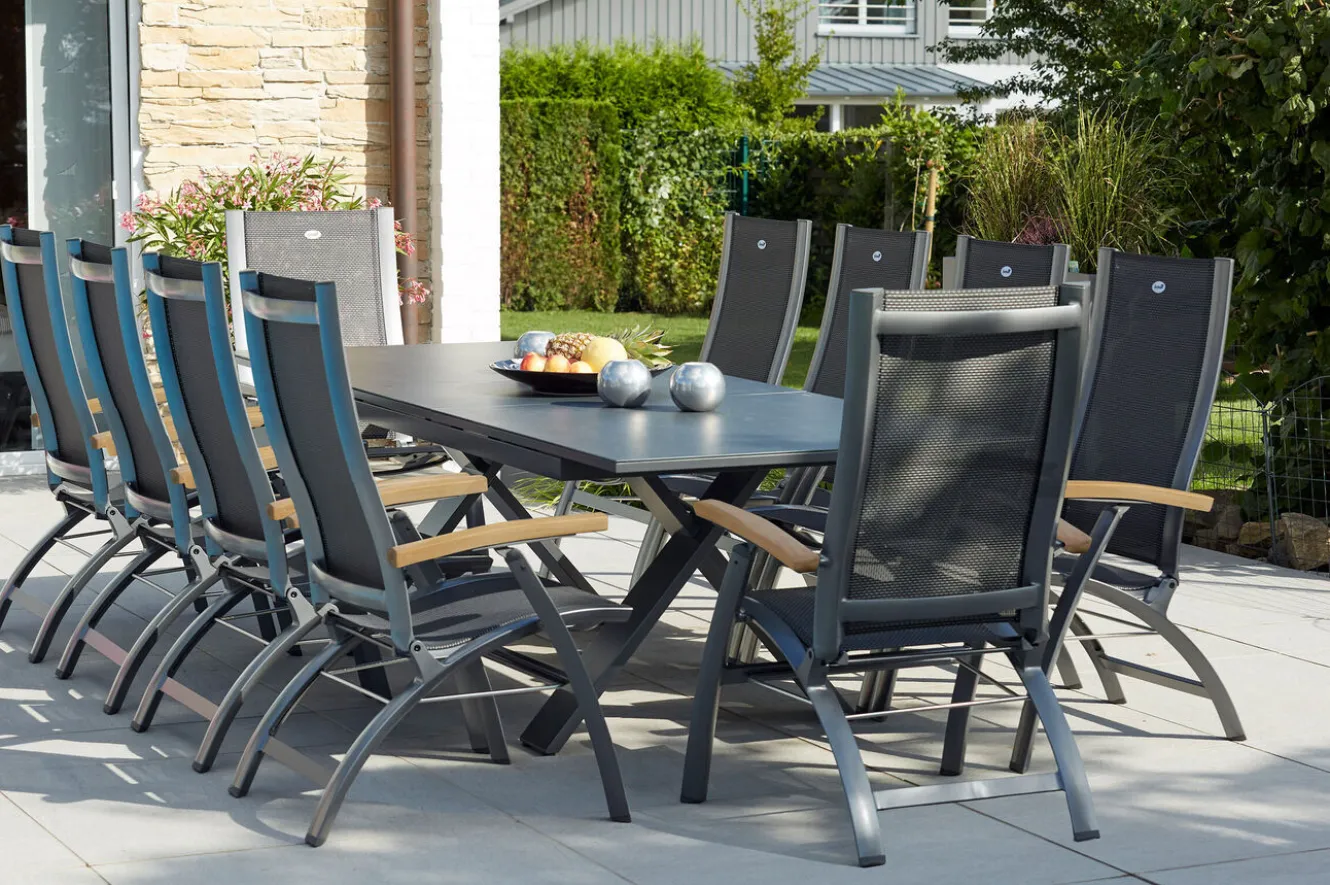 HARTMAN Sondermodell Xanadu / Primo Garten-Essgruppe, xerix/natur, Alu/Teak/Glaskeramik, 10 Klappstühle, 220/280x100cm, X-Gestell, Teak Armlehnen