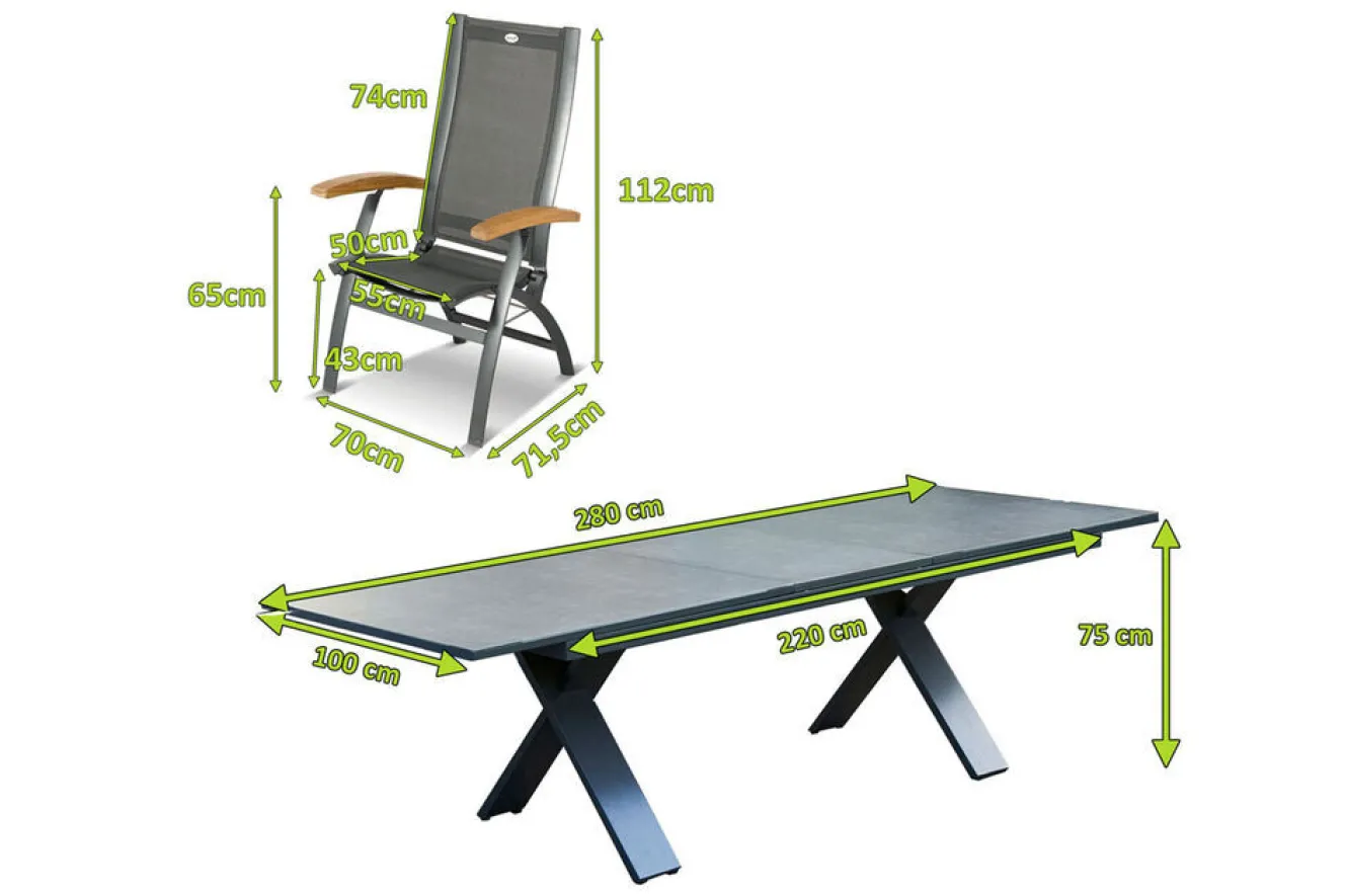 HARTMAN Sondermodell Xanadu / Primo Garten-Essgruppe, xerix/natur, Alu/Teak/Glaskeramik, 10 Klappstühle, 220/280x100cm, X-Gestell, Teak Armlehnen