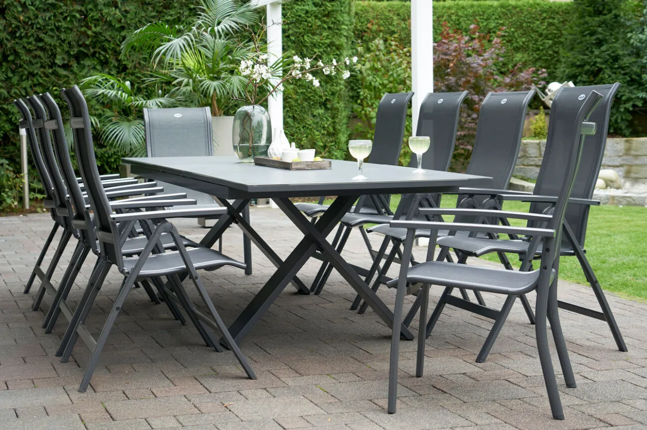 HARTMAN Sondermodell Xanadu / Alice Comfort Garten-Essgruppe, xerix/anthrazit, Alu/Glaskeramik, 2 Stapelsessel, 8 Klappstühle, 220/280x100cm