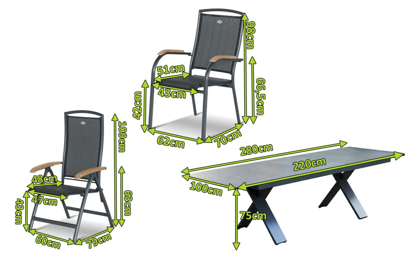 HARTMAN Sondermodell Xanadu / Raffaelo Garten-Essgruppe, xerix/anthrazit, Alu/Glaskeramik, 6 Stapelsessel, 2 Klappstühle, 220/280x100cm