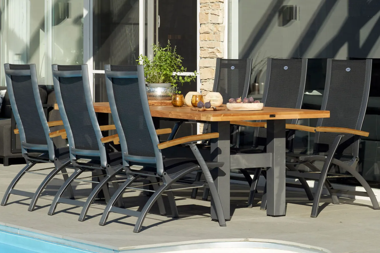 HARTMAN Sondermodell Yasmani / Primo Garten-Essgruppe, xerix/natur, Alu/Teak/Glaskeramik, 6 Klappstühle, 240x100cm, Teak Armlehnen
