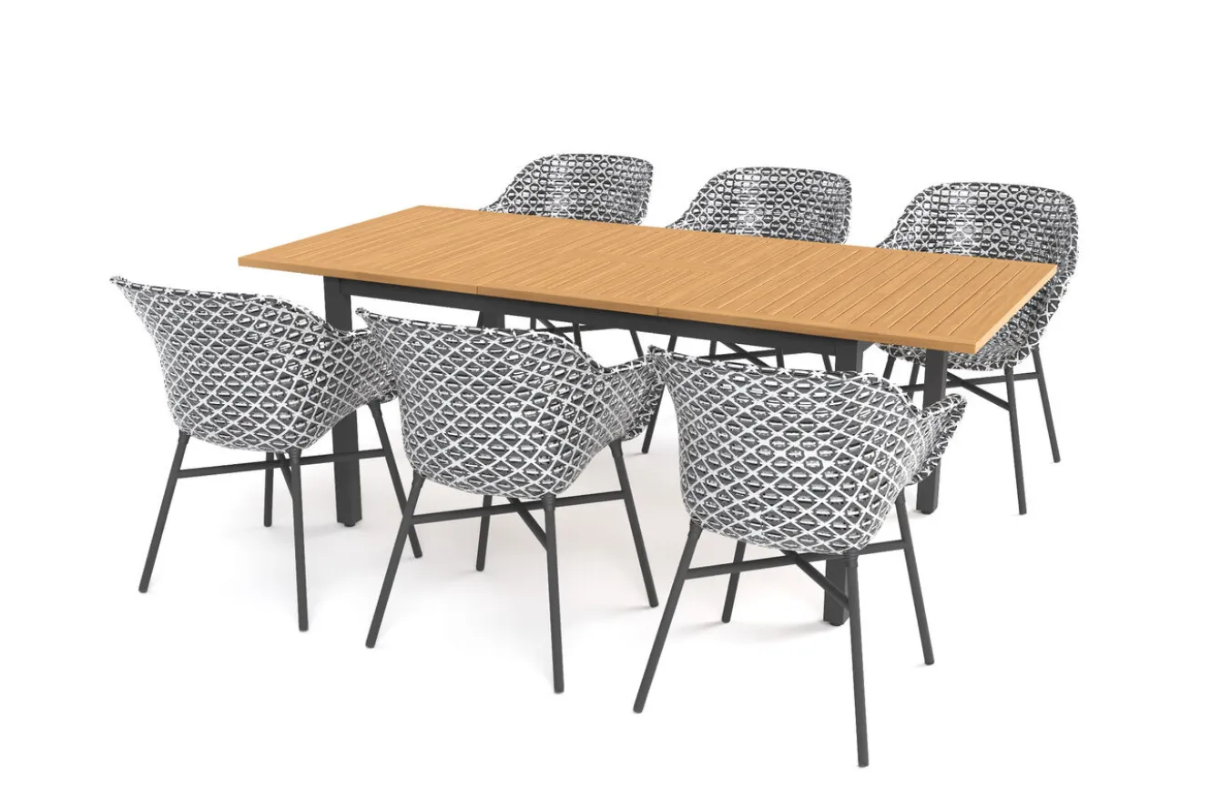 HARTMAN South Wales Garten-Essgruppe, xerix/natur/schwarz/weiß, Alu/Teak/Kunststoff, Ausziehtisch 150/210 x 90 cm, inkl. 6 Sessel
