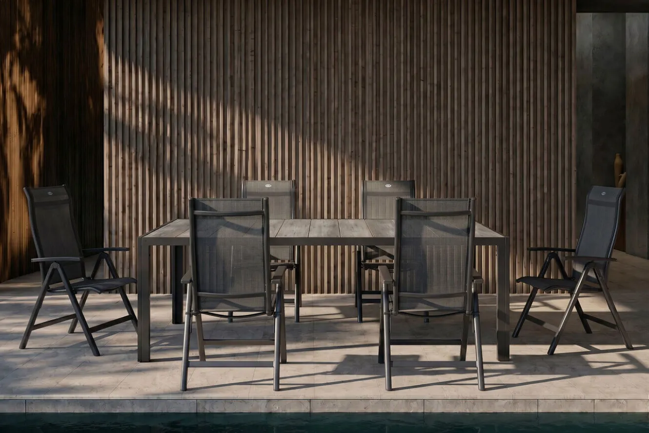 HARTMAN Tanger/Alice Comfort Garten-Essgruppe, xerix/grey wood, Aluminium/Keramik, 228x105cm, 6 Klappstühle