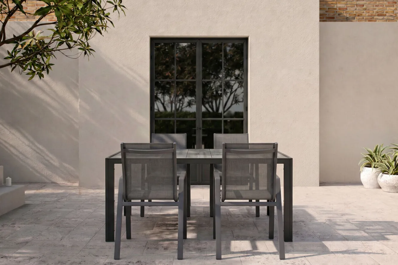 HARTMAN Tanger/Aruba Garten-Essgruppe, xerix/grey wood, Aluminium/Keramik, 168x105cm, 4 Stapelsessel