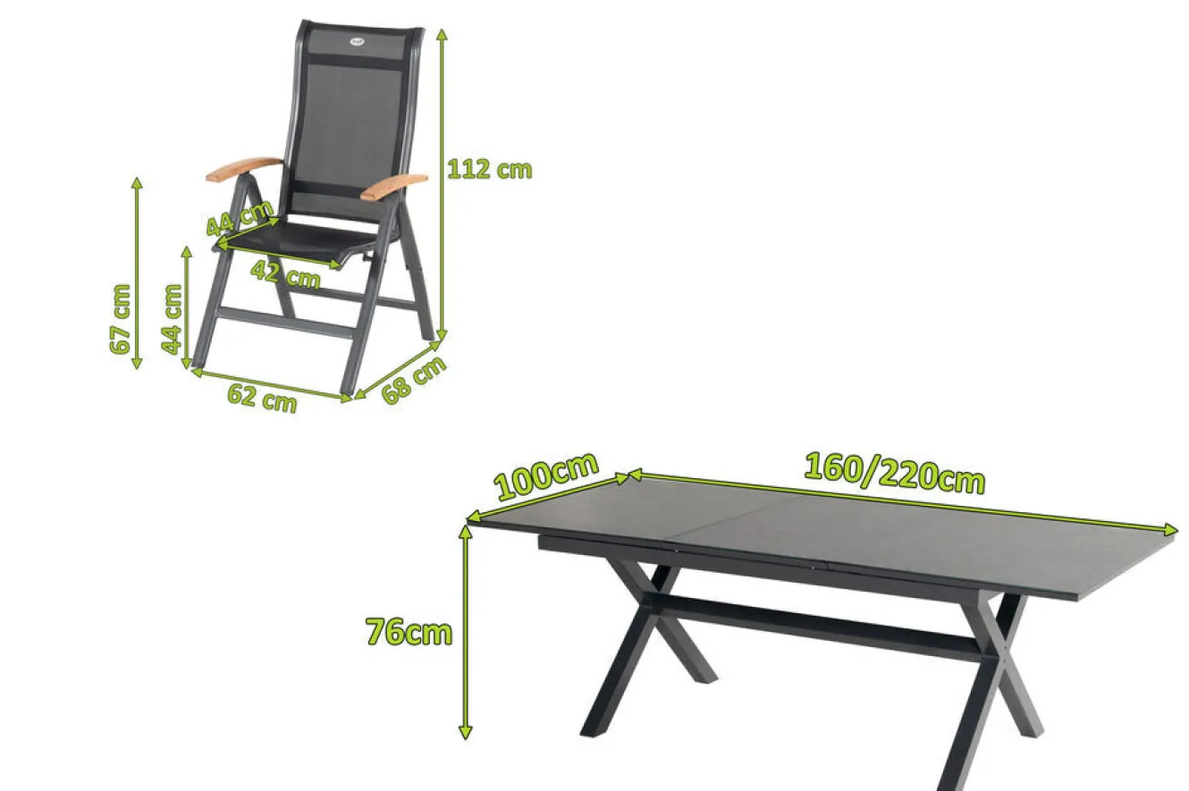 HARTMAN Xanadu / Alice Garten-Essgruppe, xerix/natur, Alu/Teak/Glaskeramik, 4x4 Textilen, 8 Klappstühle, 160/220x100cm, Teak Armlehnen