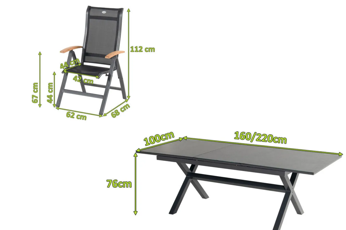 HARTMAN Xanadu / Alice Garten-Essgruppe, xerix/natur, Alu/Teak/Glaskeramik, 4x4 Textilen, 8 Klappstühle, 160/220x100cm, Teak Armlehnen