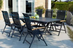 HARTMAN Xanadu / Alice Garten-Essgruppe, xerix/natur, Alu/Teak/Glaskeramik, 4x4 Textilen, 6 Klappstühle, 160/220x100cm, Teak Armlehnen