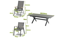 HARTMAN Xanadu / Aruba Garten-Essgruppe, xerix/natur, Alu/Teak/Glaskeramik, 6 Dining Sessel, 2 Klappstühle, 160/220x100cm, Teak Armlehnen