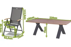 HARTMAN Xanadu / Aruba Garten-Essgruppe, xerix/anthrazit, Alu/Teakholz, 6 Klappstühle, Teakarmlehnen, 220x100cm
