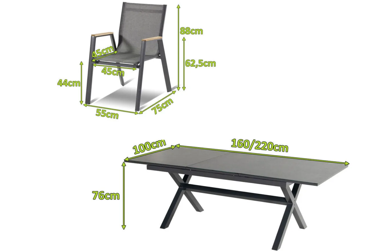 HARTMAN Xanadu / Aruba Garten-Essgruppe, xerix/natur, Alu/Teak/Glaskeramik, 4 Dining Sessel, 160/220x100cm, Teak Armlehnen