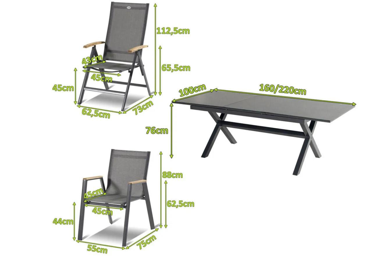 HARTMAN Xanadu / Aruba Garten-Essgruppe, xerix/natur, Alu/Teak/Glaskeramik, 4 Dining Sessel, 2 Klappstühle, 160/220x100cm, Teak Armlehnen