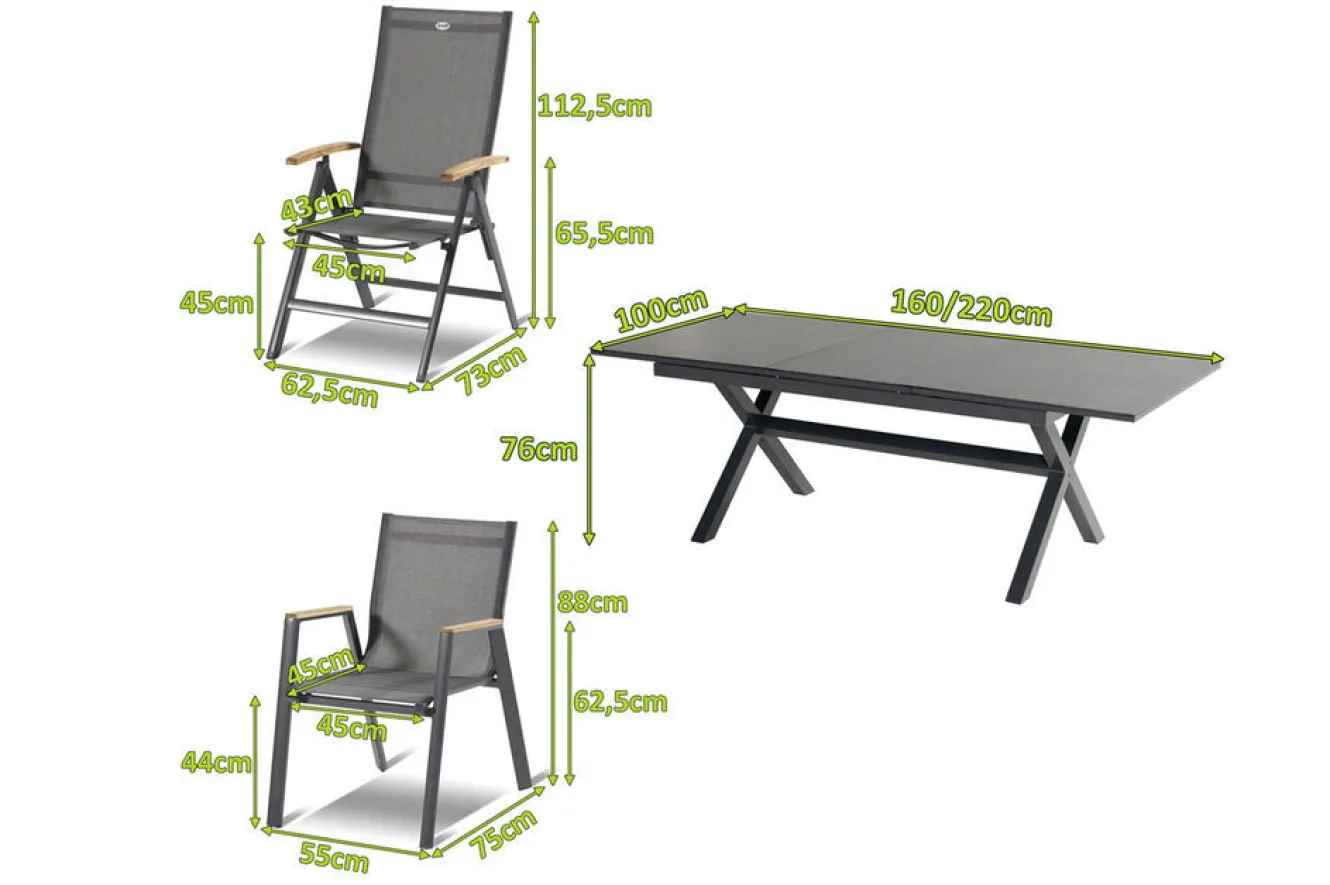 HARTMAN Xanadu / Aruba Garten-Essgruppe, xerix/natur, Alu/Teak/Glaskeramik, 4 Dining Sessel, 2 Klappstühle, 160/220x100cm, Teak Armlehnen