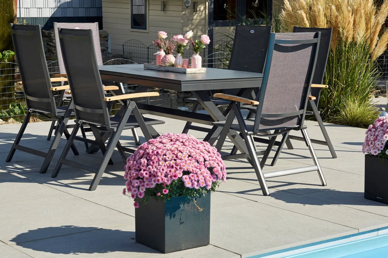HARTMAN Xanadu / Aruba Garten-Essgruppe, xerix/natur, Alu/Teak/Glaskeramik, 6 Klappstühle, 160/220x100cm, Teak Armlehnen