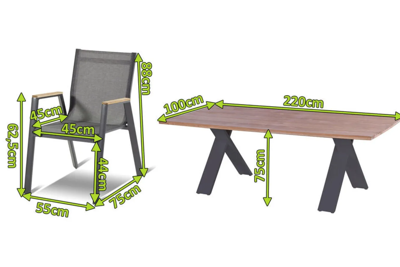 HARTMAN Xanadu / Aruba Set, xerix/anthrazit, Alu/Teakholz, 8 Stapelsessel, Teakarmlehnen, 220x100cm