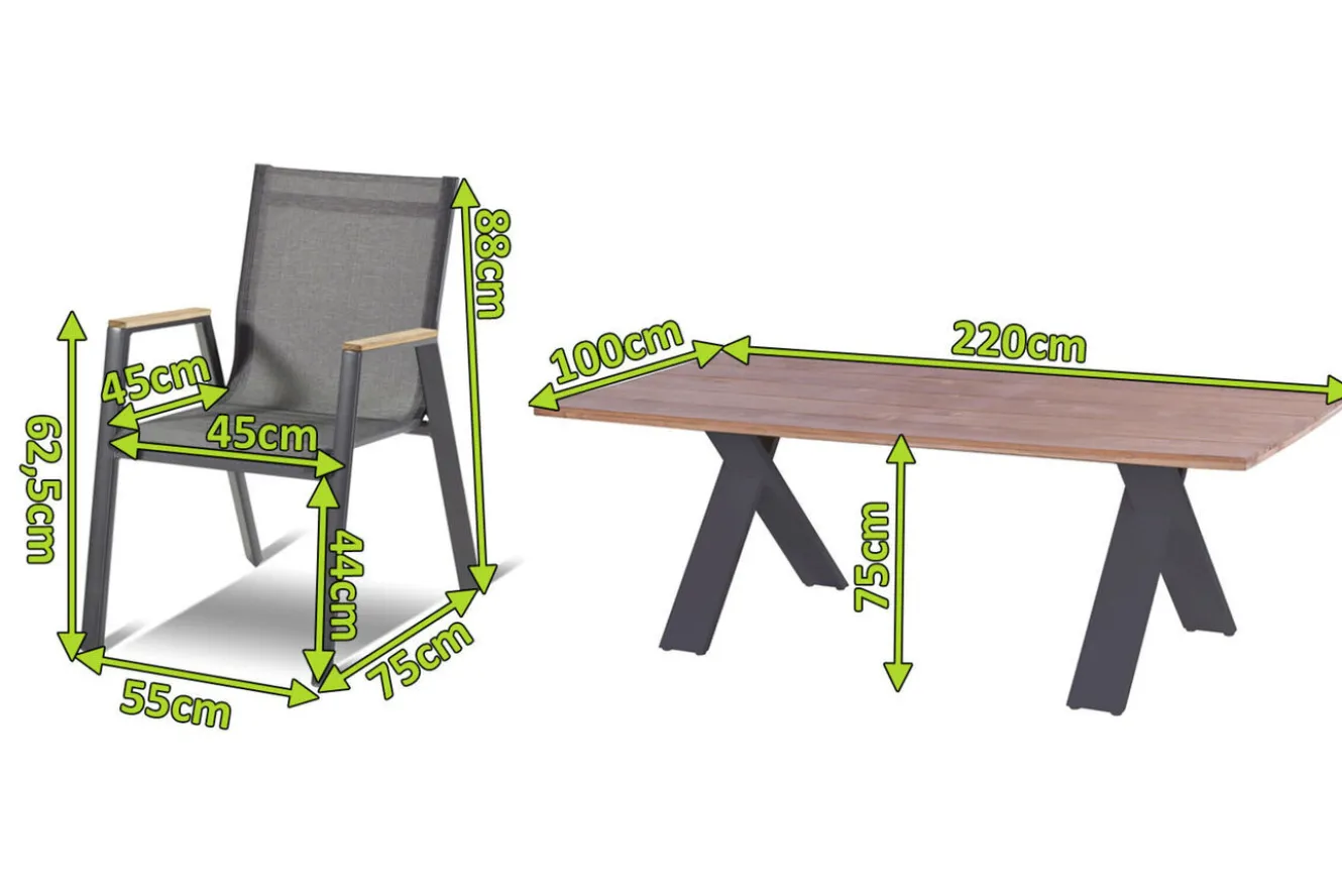 HARTMAN Xanadu / Aruba Set, xerix/anthrazit, Alu/Teakholz, 8 Stapelsessel, Teakarmlehnen, 220x100cm