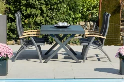 HARTMAN Xanadu / da Vinci Garten-Essgruppe, xerix/natur, Alu/Teak/Glaskeramik, 4 Klappstühle, 160/220x100cm, Teak Armlehnen