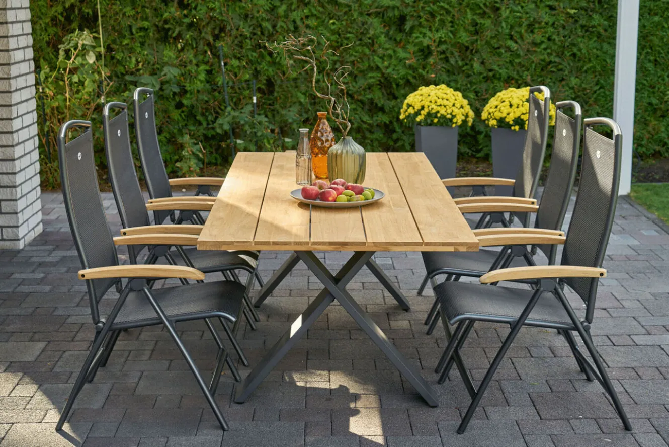 HARTMAN Xanadu Esstisch, xerix, Alu / Teakholz, 220 x 100 cm, X-Gestell