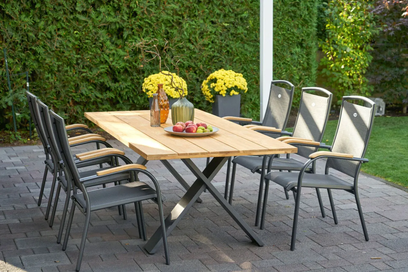 HARTMAN Xanadu Esstisch, xerix, Alu / Teakholz, 220 x 100 cm, X-Gestell