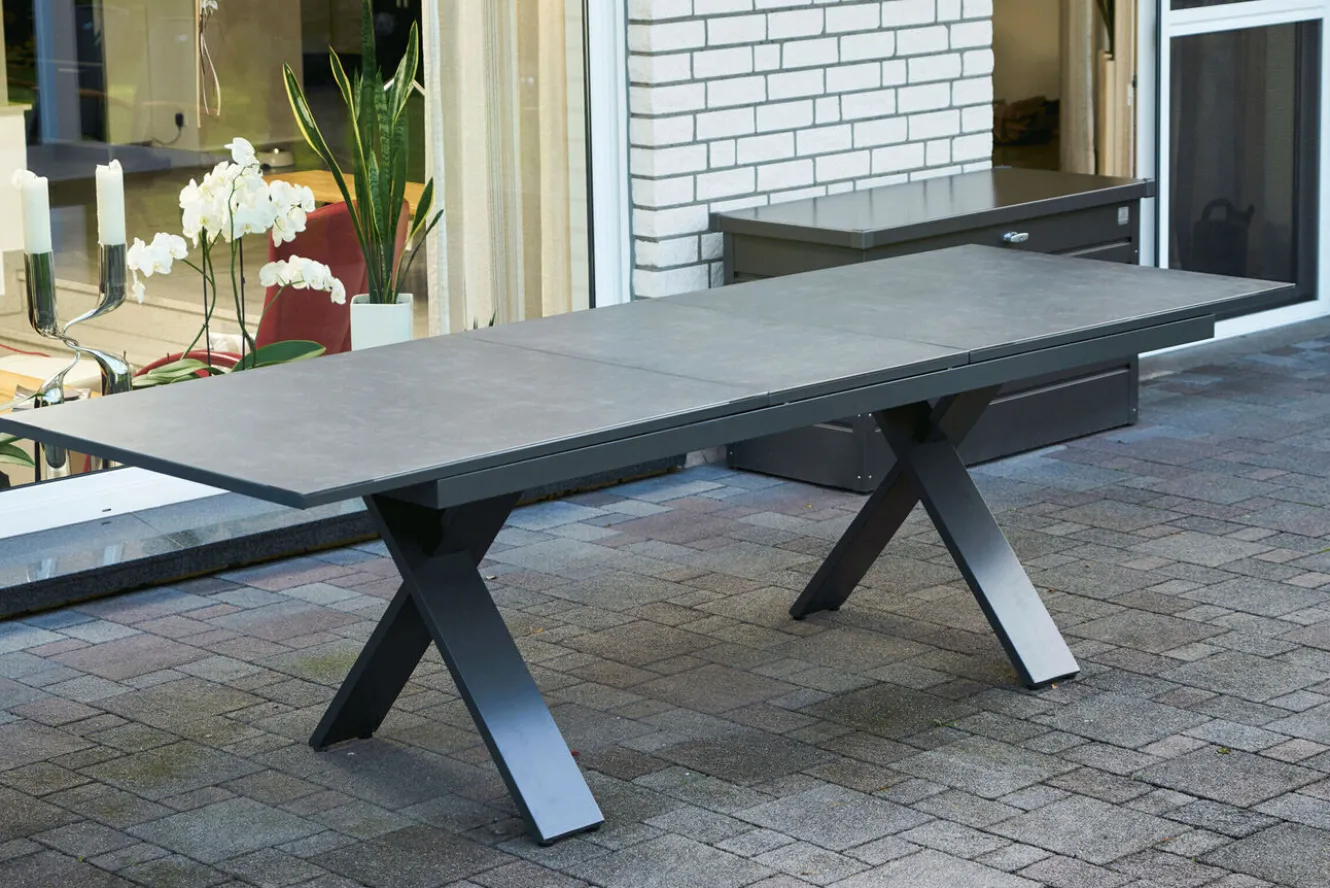 HARTMAN Xanadu Garten-Essgruppe, schwarz/weiß/grau, Aluminium/Kunststoff/Glaskeramik, 220/280 x 100 cm Tisch, ausziehbar, robust, korrosionsbeständig, UV-beständig, mit Fußkappen, pulverbeschichtet