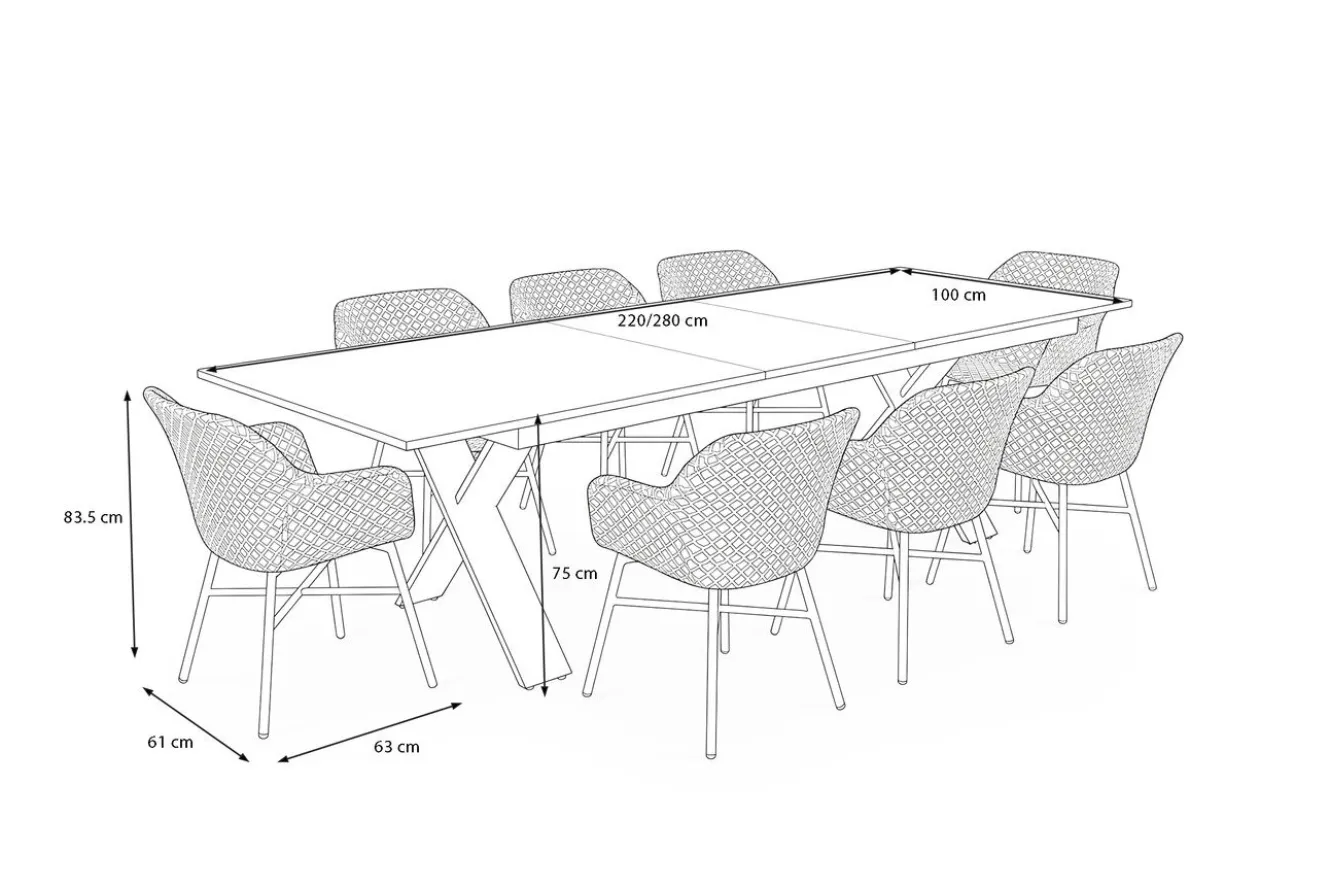 HARTMAN Xanadu Garten-Essgruppe, schwarz/grau/weiß, Aluminium/Glas-Keramik/Kunststoff, Ausziehtisch 220/280 x 100 cm, inkl. 8 Sessel