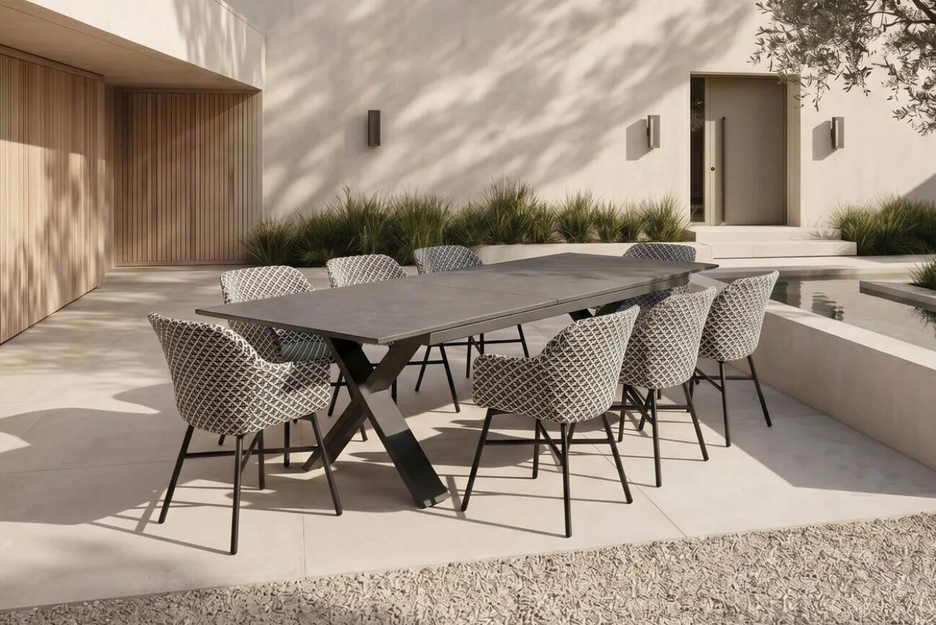 HARTMAN Xanadu Garten-Essgruppe, schwarz/grau/weiß, Aluminium/Glas-Keramik/Kunststoff, Ausziehtisch 220/280 x 100 cm, inkl. 8 Sessel