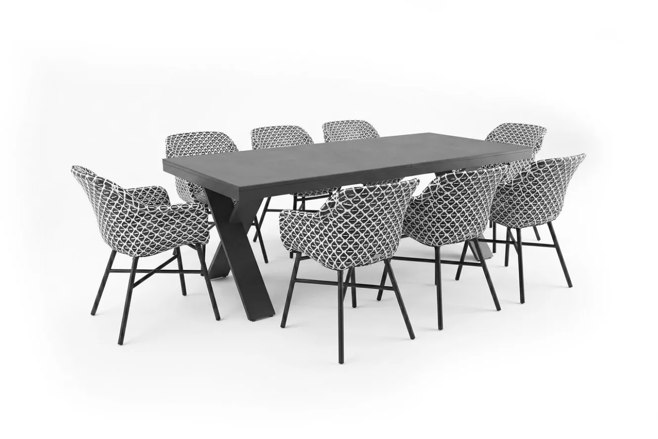 HARTMAN Xanadu Garten-Essgruppe, schwarz/grau/weiß, Aluminium/Glas-Keramik/Kunststoff, Ausziehtisch 220/280 x 100 cm, inkl. 8 Sessel