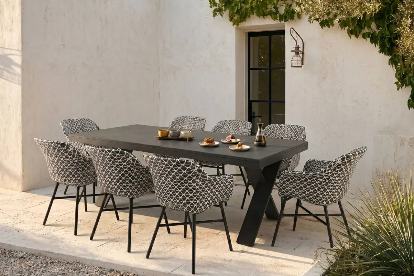 HARTMAN Xanadu Garten-Essgruppe, schwarz/grau/weiß, Aluminium/Glas-Keramik/Kunststoff, Ausziehtisch 220/280 x 100 cm, inkl. 8 Sessel