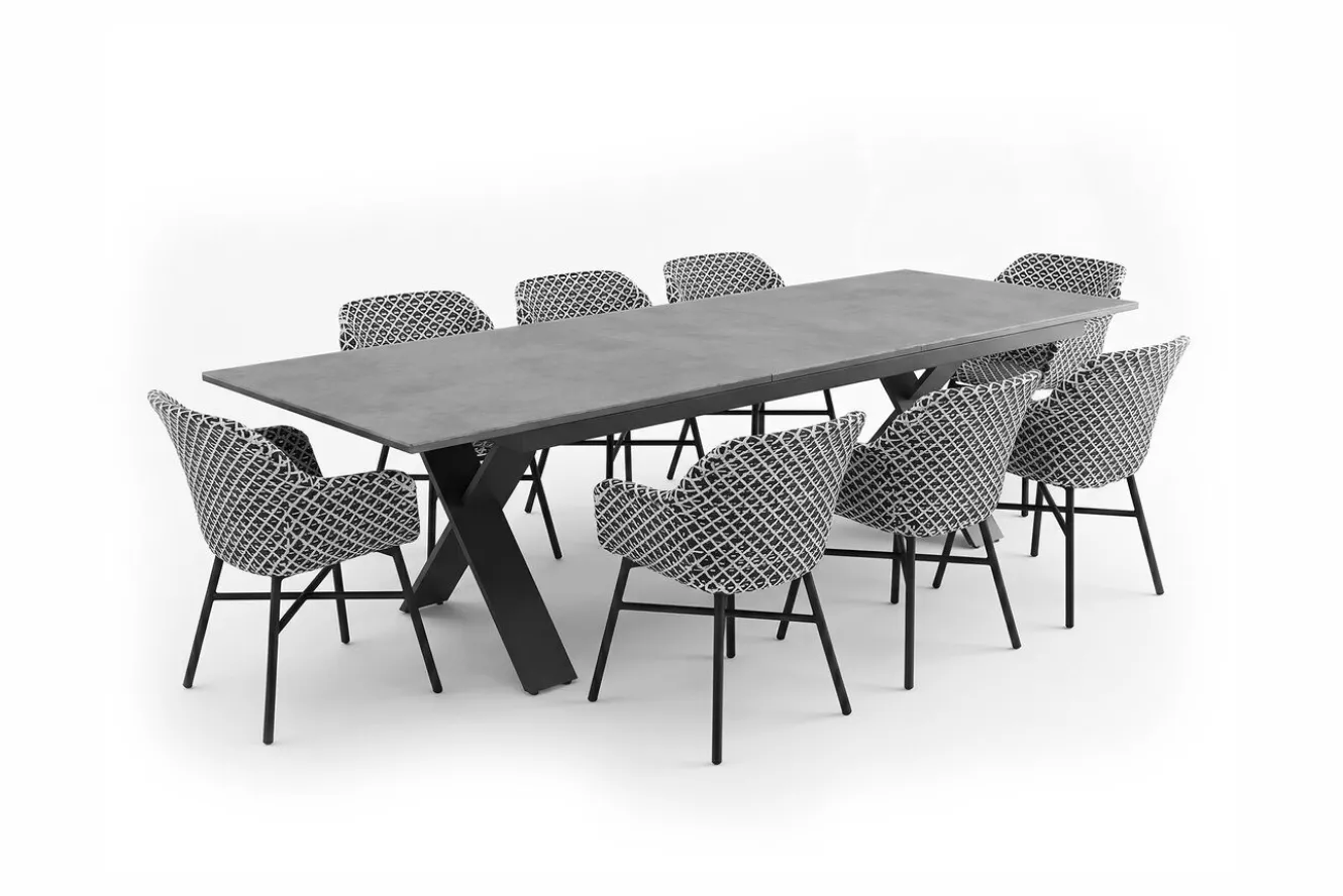 HARTMAN Xanadu Garten-Essgruppe, schwarz/grau/weiß, Aluminium/Glas-Keramik/Kunststoff, Ausziehtisch 220/280 x 100 cm, inkl. 8 Sessel