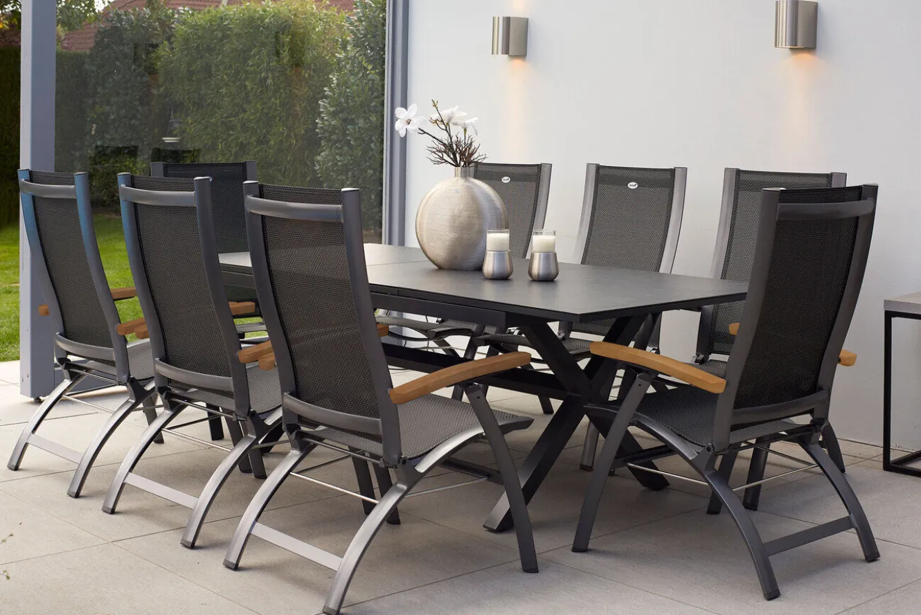 HARTMAN Xanadu / Primo Garten-Essgruppe, xerix, Alu/Textilene/Glaskeramik, 8 Klappstühle, 160/220x100cm, Ausziehfunktion