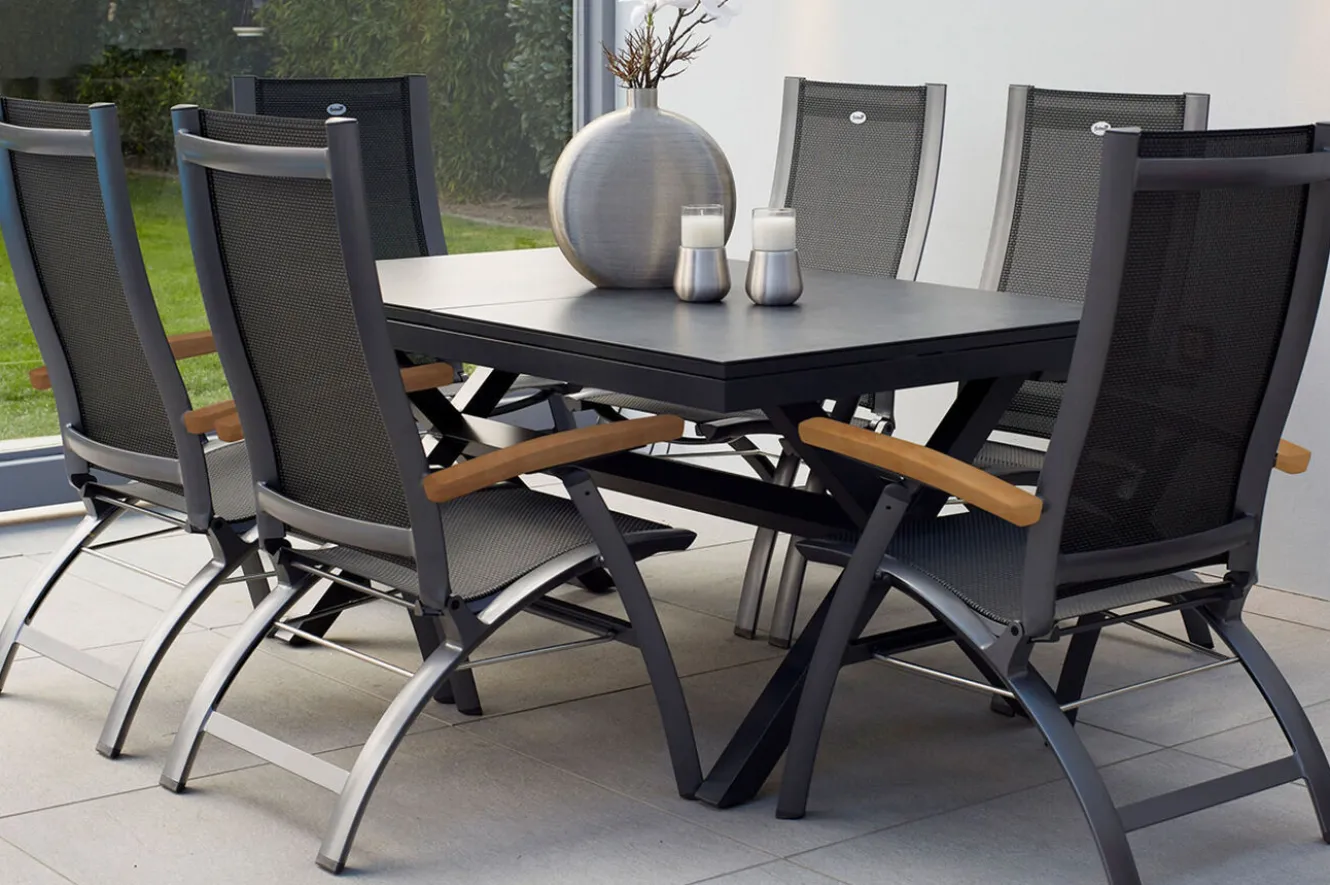 HARTMAN Xanadu / Primo Garten-Essgruppe, xerix, Alu/Textilene/Glaskeramik, 6 Klappstühle, 160/220x100cm, Ausziehfunktion