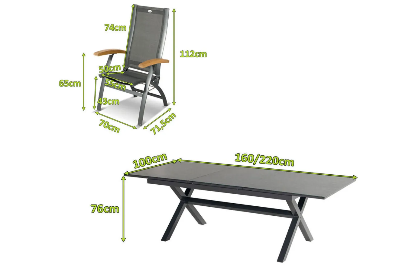 HARTMAN Xanadu / Primo Garten-Essgruppe, xerix, Alu/Textilene/Glaskeramik, 4 Klappstühle, 160/220x100cm, Ausziehfunktion