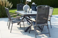 HARTMAN Xanadu / Raffaelo Garten-Essgruppe, xerix/natur, Alu/Teak/Glaskeramik, 4 Dining Sessel, 2 Klappstühle, 160/220x100cm, Teak Armlehnen