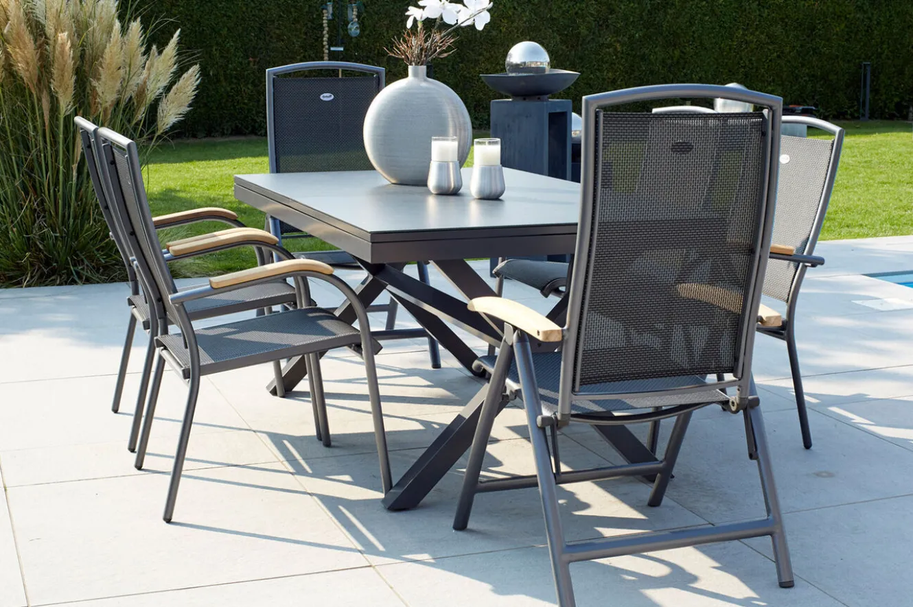 HARTMAN Xanadu / Raffaelo Garten-Essgruppe, xerix/natur, Alu/Teak/Glaskeramik, 4 Dining Sessel, 2 Klappstühle, 160/220x100cm, Teak Armlehnen